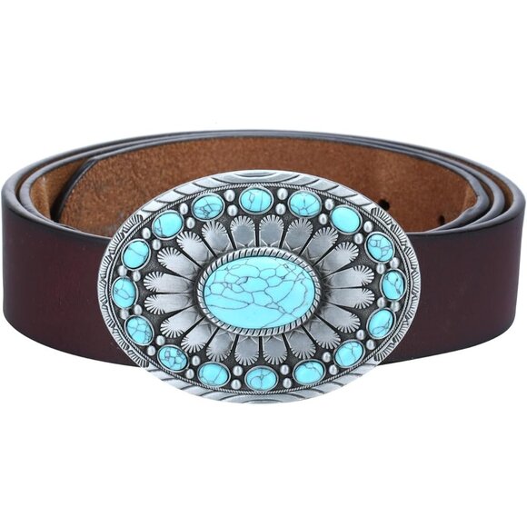 Men's White-Grey Vintage American Western Cowboy Turquoise Stone Belt Buckle - Picture 5 of 6